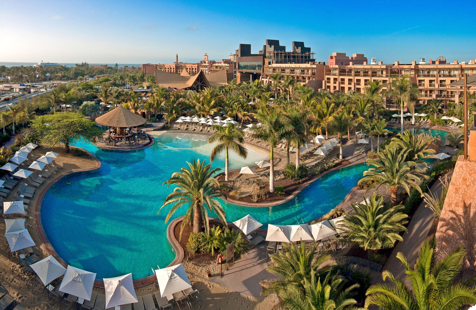 Lopesan Baobab Resort, an African-themed five-star resort with palm-lined pools set through savannah-style gardens in Meloneras, southern Gran Canaria.