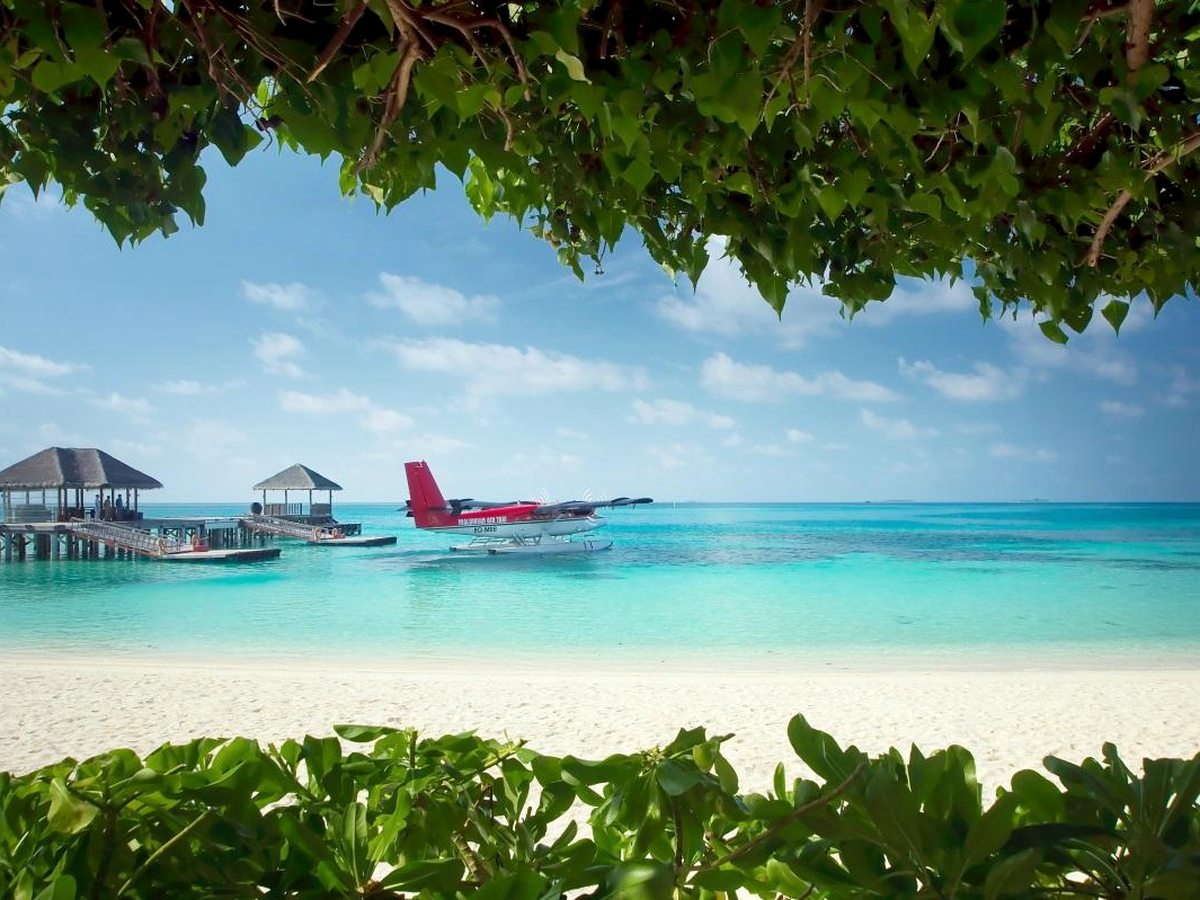 A red and white seaplane moored beside a thatched jetty on a turquoise lagoon, with white sand and green leaves in the foreground.