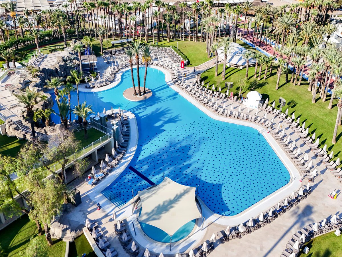 Aerial view of a large freeform pool with a round palm island at its centre, ringed by sun loungers, parasols and lawns.