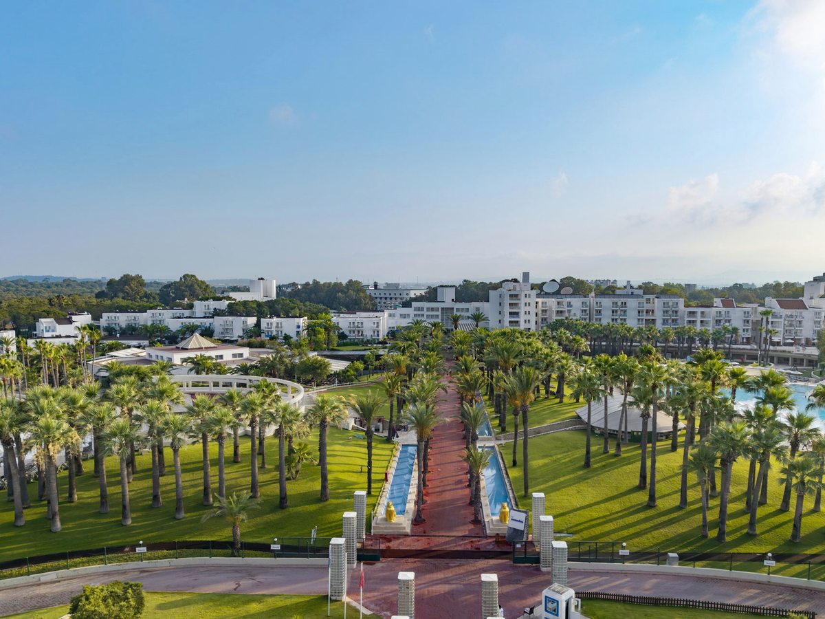 Wide palm-lined walkway running between low white resort buildings, with mown lawns and flower beds on either side under a clear sky.