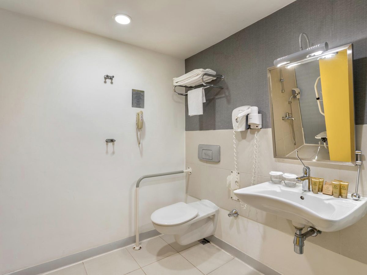 Bathroom with a grab rail beside the toilet, a lowered sink and mirror, and a hairdryer mounted on the wall.