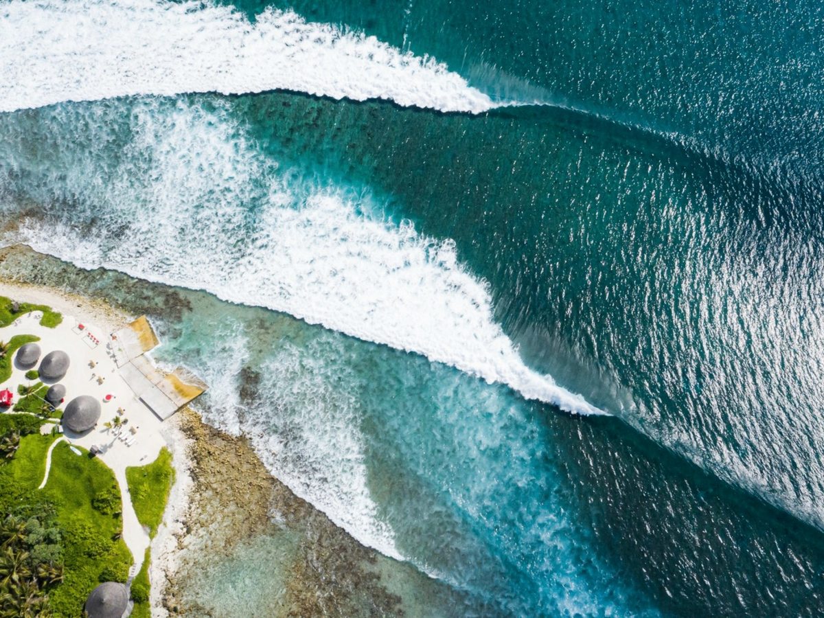 Aerial view of a long wave peeling along a reef edge beside a shoreline with thatched beach cabanas and a timber deck, deep blue ocean on one side and pale shallows on the other.