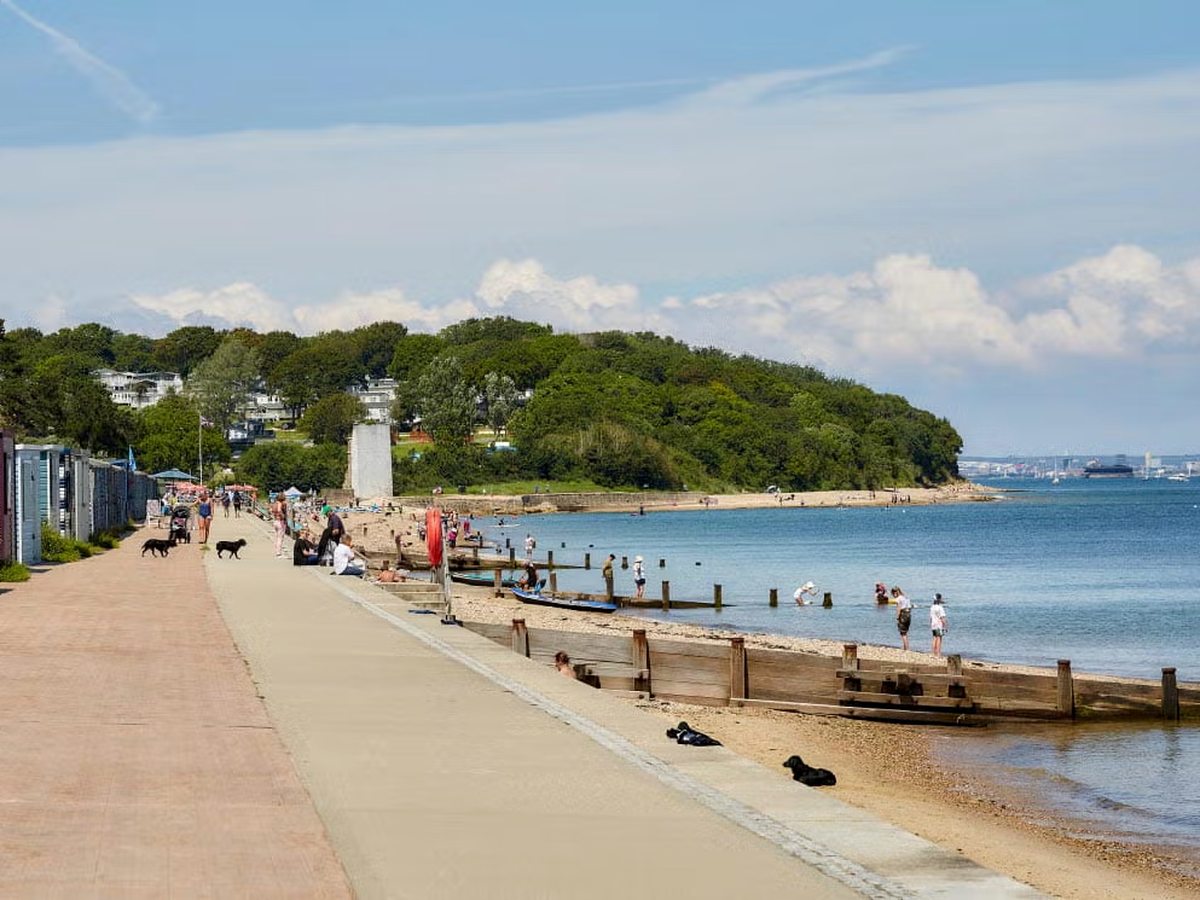 Wide concrete promenade beside a sandy beach with timber groynes, beach huts on the left, walkers with dogs and a wooded headland ahead.
