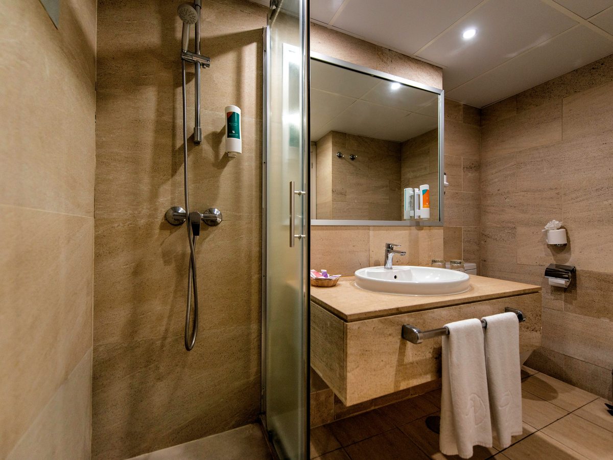 Stone-tiled bathroom with a glass-enclosed shower and handheld showerhead, an inset basin on a stone counter, a wide mirror and folded white towels.