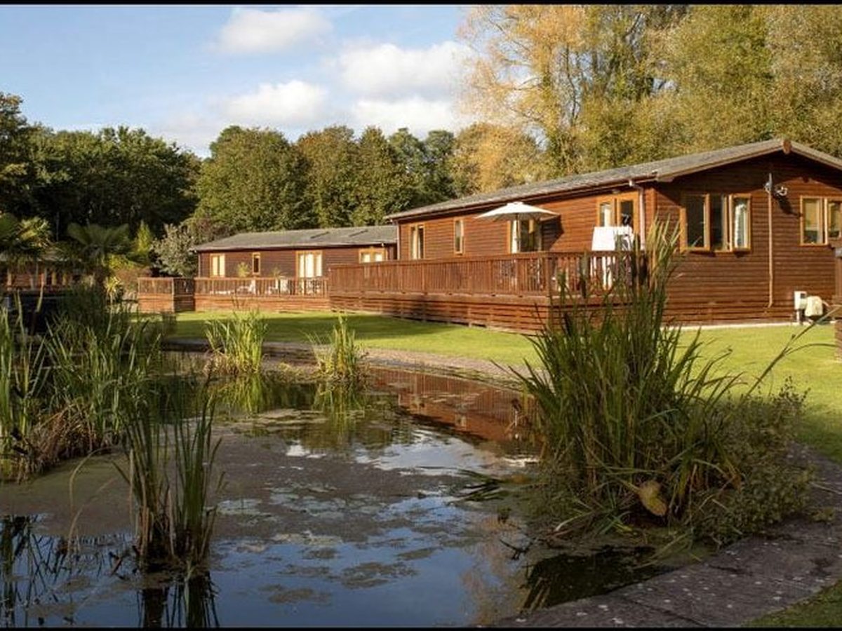 Two timber holiday lodges with railed wooden decking and a cream parasol, beside a reed-fringed pond, with lawns and trees behind.
