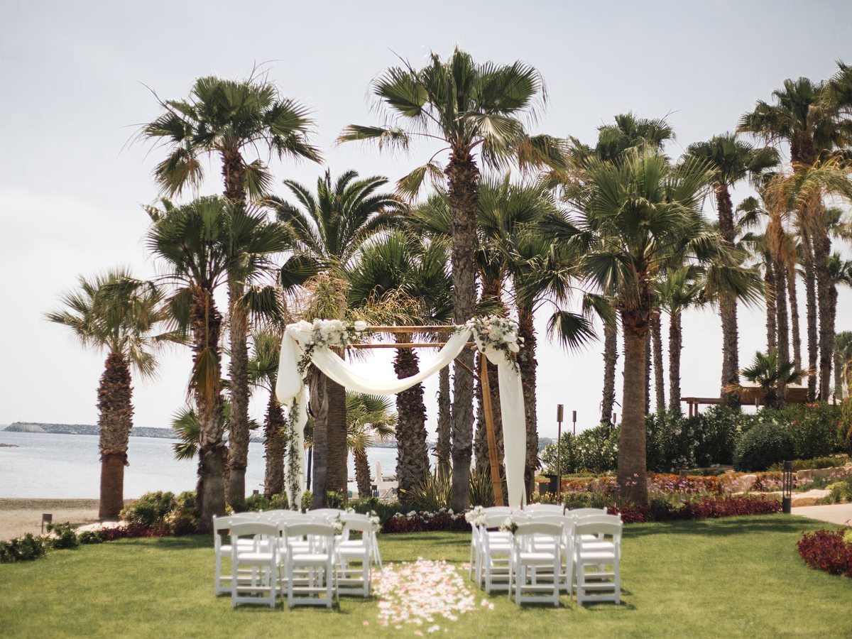 A lawn edged with tall palms above the shoreline, set with rows of white folding chairs and a draped ceremony arch, the sea beyond.