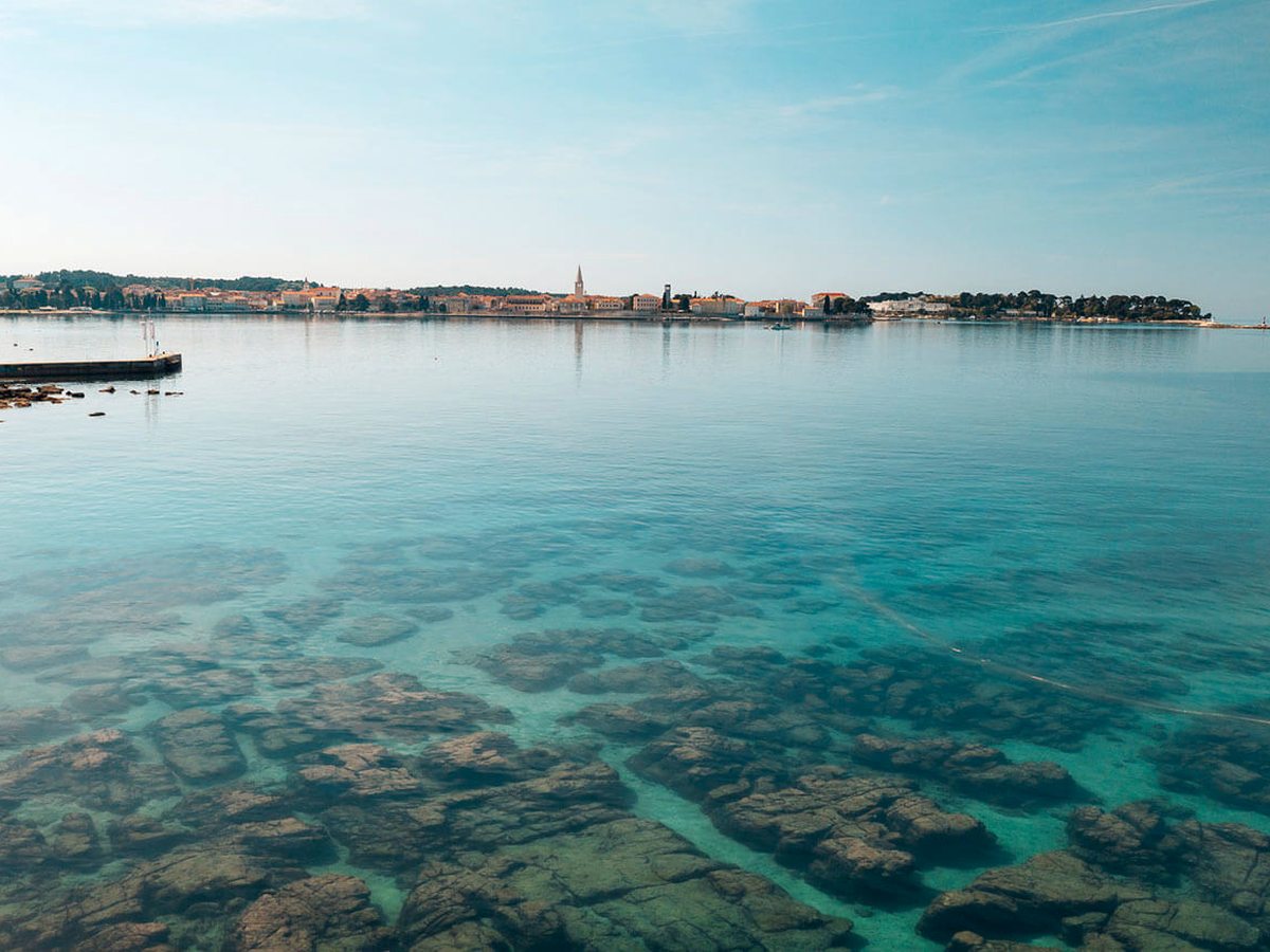 Clear shallow turquoise water over a rocky seabed, with a low wooded coastline and the town skyline on the horizon.