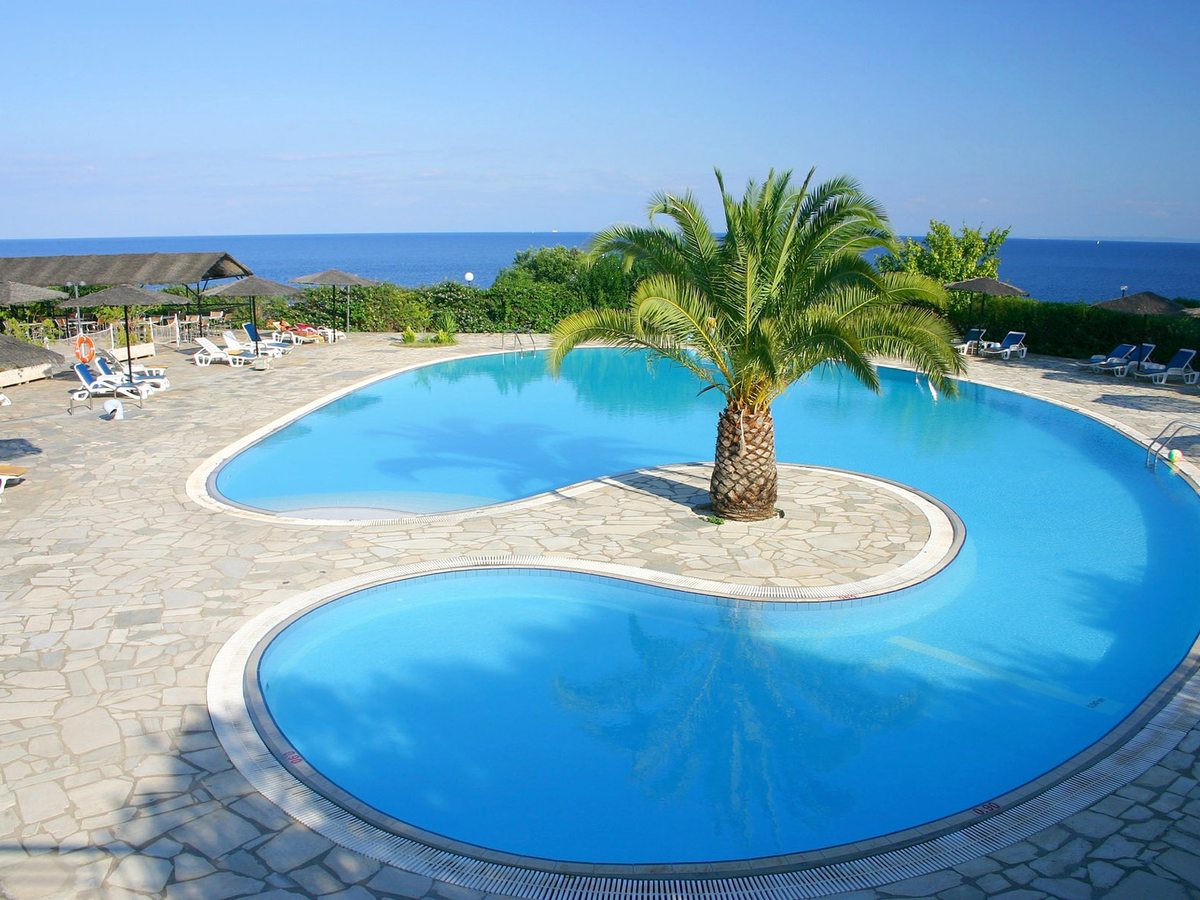 Freeform blue swimming pool curving around a central palm tree on a stone terrace, with sun loungers, thatched parasols and the sea behind.