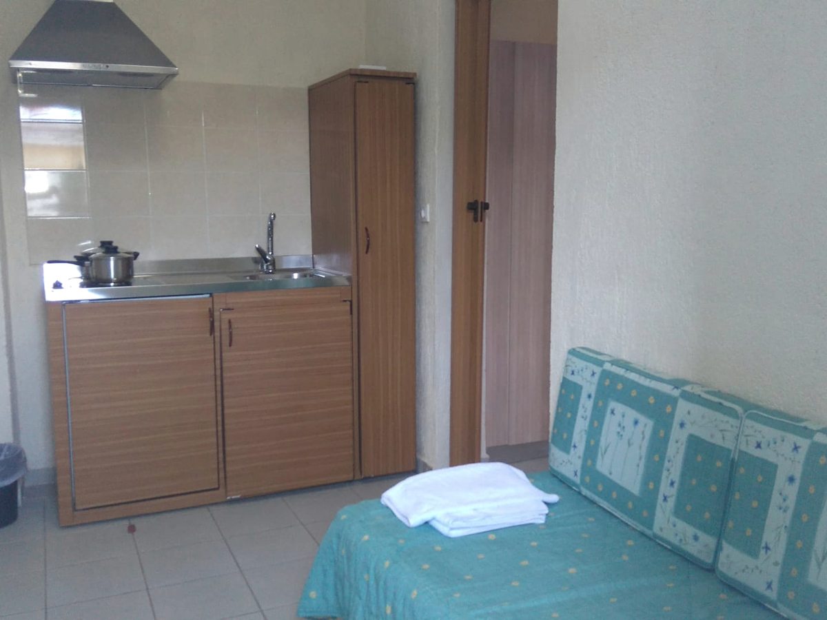 Compact kitchenette with a two-ring hob, sink, extractor hood, wooden cupboards and a tall storage cabinet, beside a bed with folded towels.