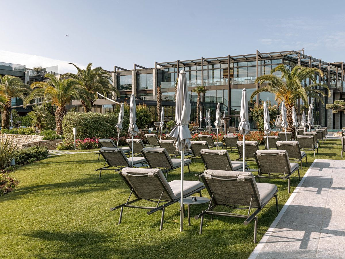 Rows of cushioned sun loungers and closed parasols on a mown lawn in front of a glass-fronted hotel building, with palms and planted borders around them.