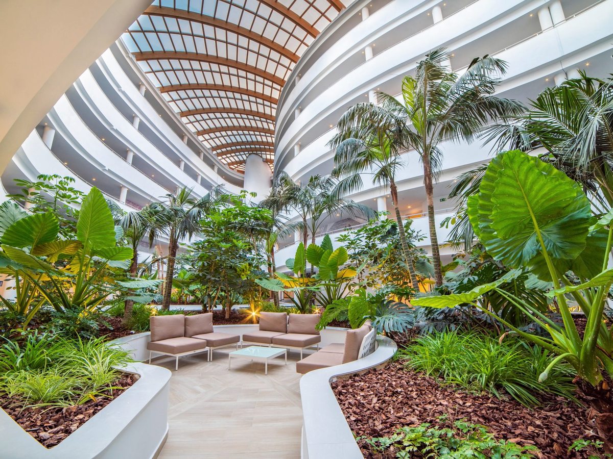 A glass-roofed atrium planted with palms and large-leaved tropical plants, curving around a group of low sofas and a coffee table on a pale stone floor.