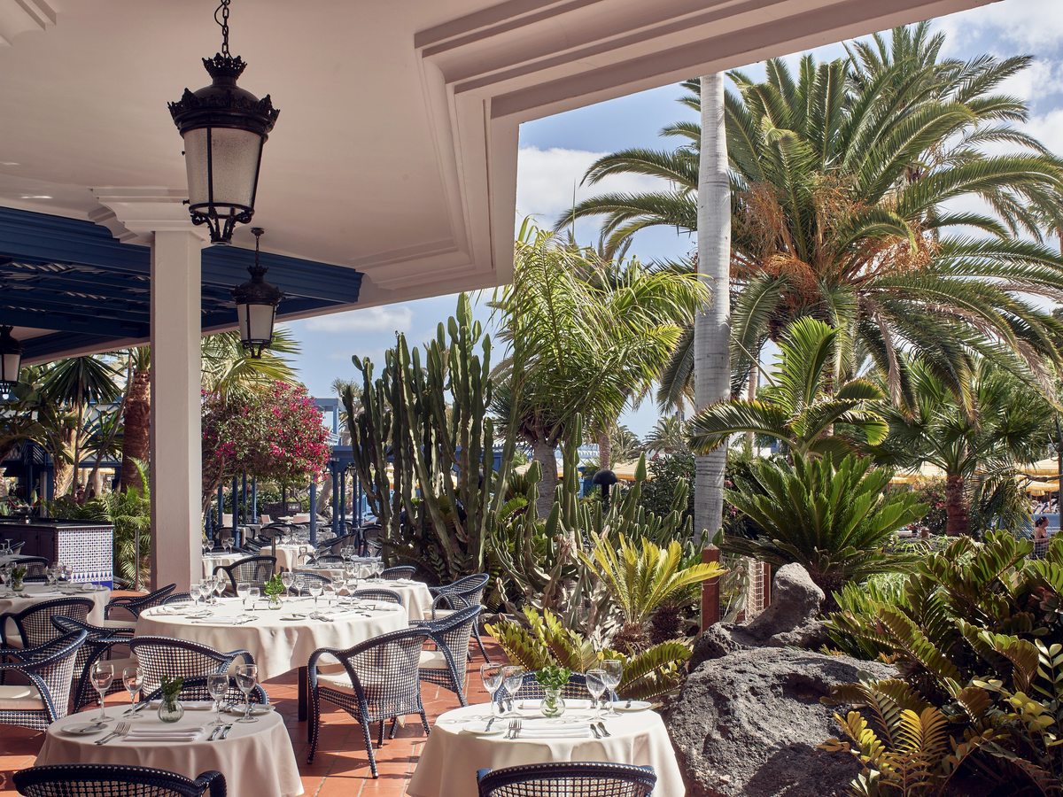 White-clothed dining tables and dark cane chairs under a colonnaded terrace, with a cactus and palm garden beyond.