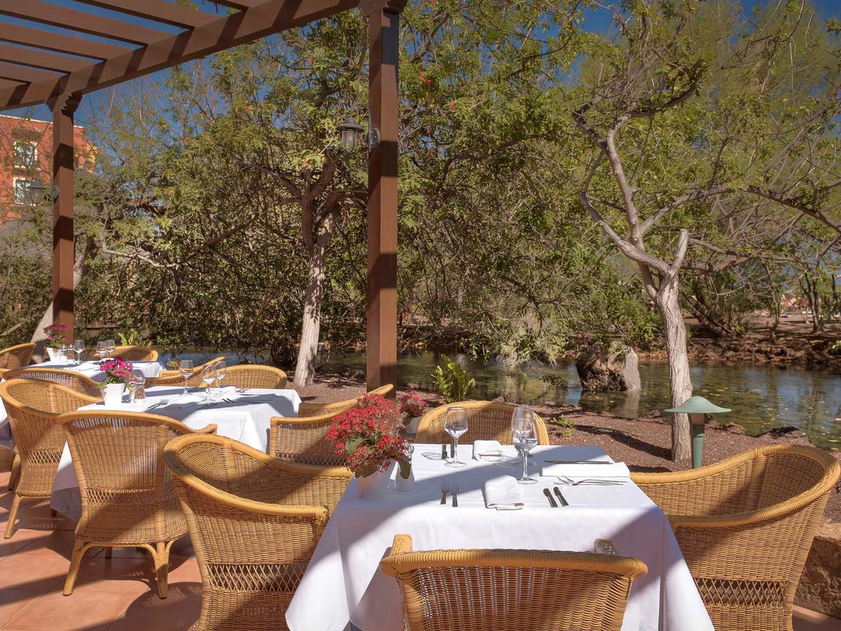 Tables laid with white cloths and wicker armchairs on a terrace under a wooden pergola, beside a garden lagoon and flowering trees.