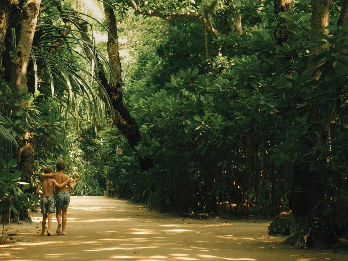 Two children walking barefoot along a wide sandy path through dense tropical jungle.