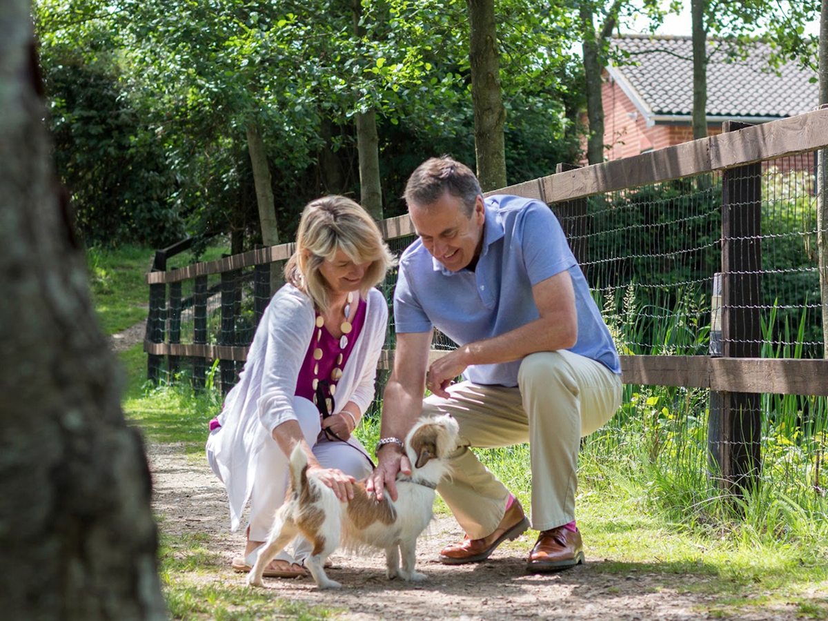 A woman and a man crouching to stroke a small dog on a gravel path between a wooden fence and trees, with a brick building behind.
