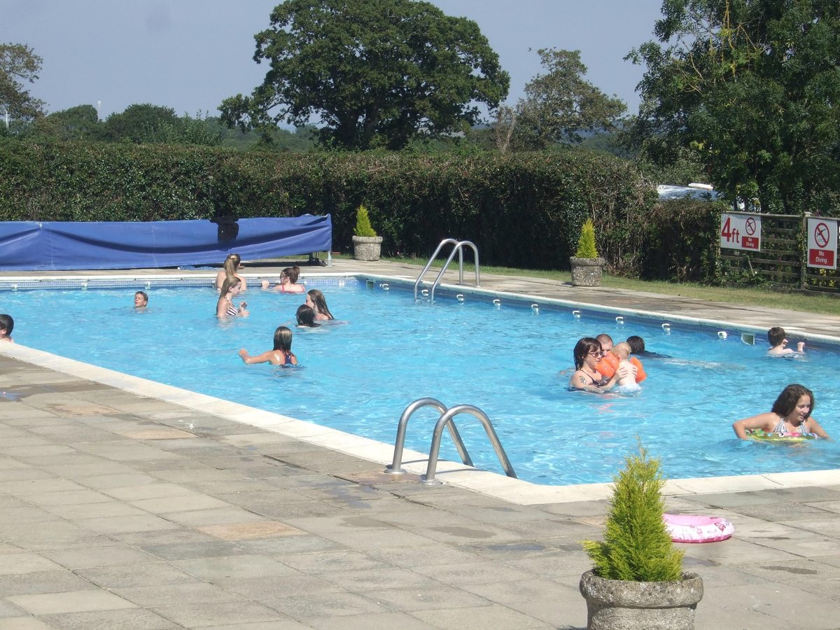 Children swimming in a rectangular outdoor pool with a paved surround, metal ladders and a tall hedge behind.