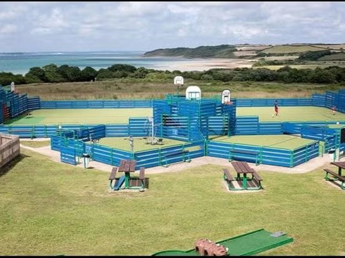 A fenced multi-sports court with blue perimeter panels, a green all-weather surface and basketball hoops, with picnic benches on the grass in front and the bay behind.