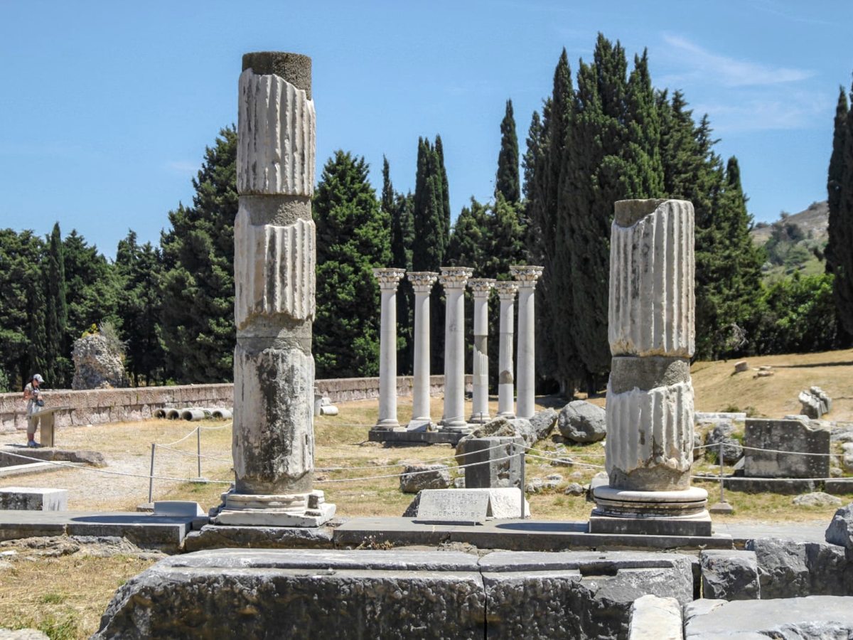 Ruins of a classical sanctuary with two tall fluted columns in the foreground and a restored colonnade behind, among cypress trees and dry grass.