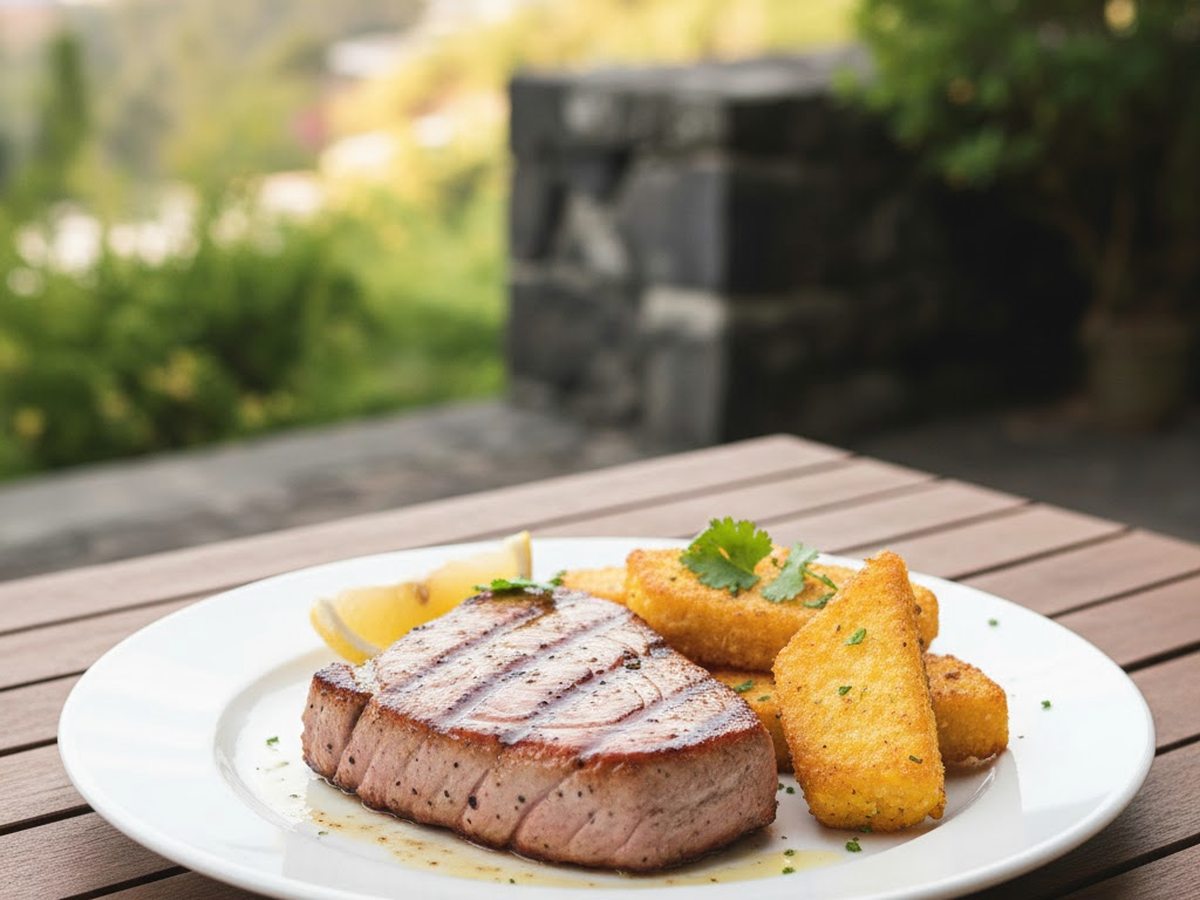 A grilled tuna steak with potato wedges, lemon and herbs on a white plate on a wooden outdoor table.