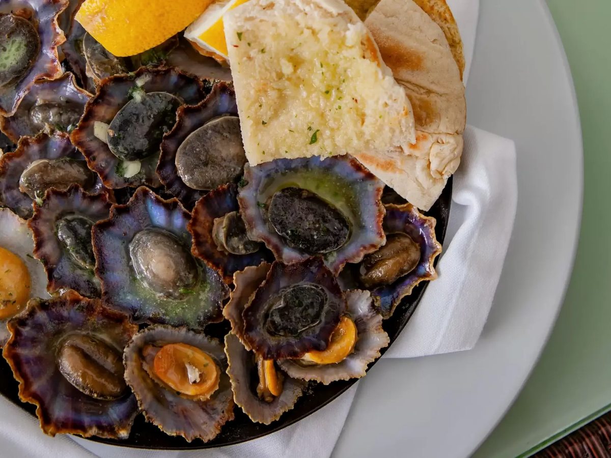 A white plate of limpets in their shells with lemon wedges and pieces of flatbread.