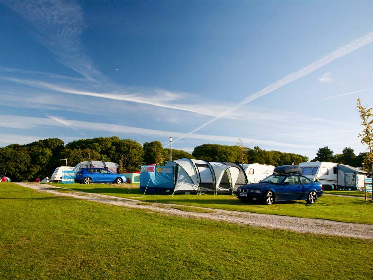 A grass camping field with family tents and touring caravans beside a gravel track, trees and a blue sky behind.