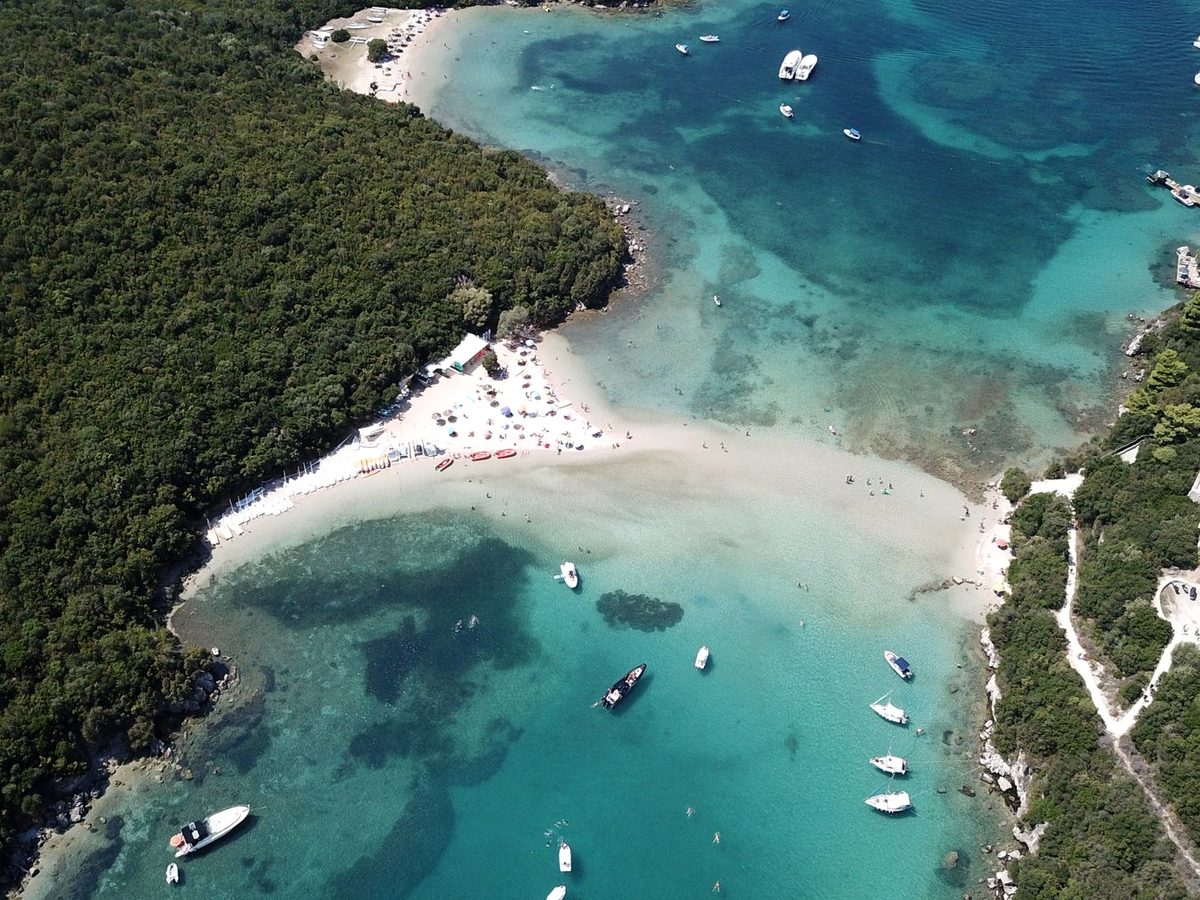 Pale sand and shallow water at one of the pine-backed bays