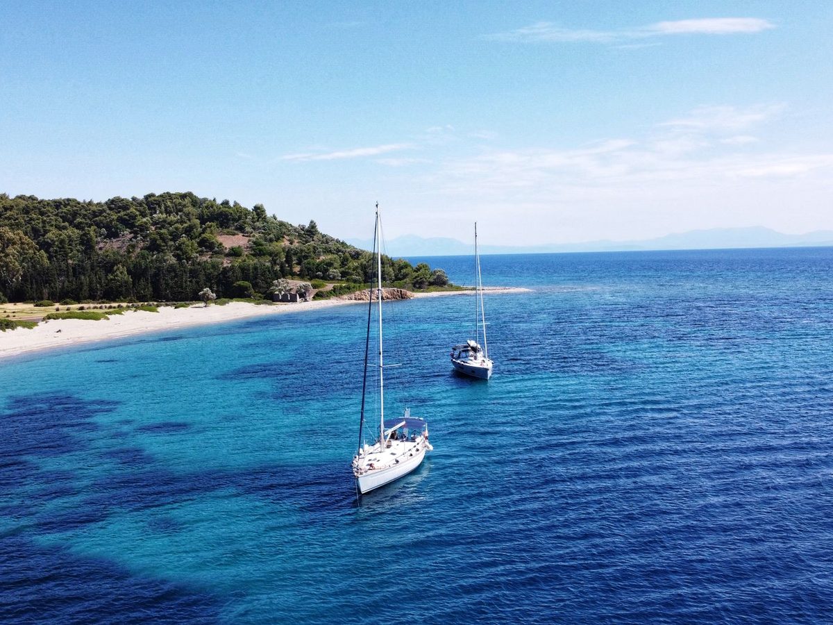 A sailboat anchored where the pines meet the water